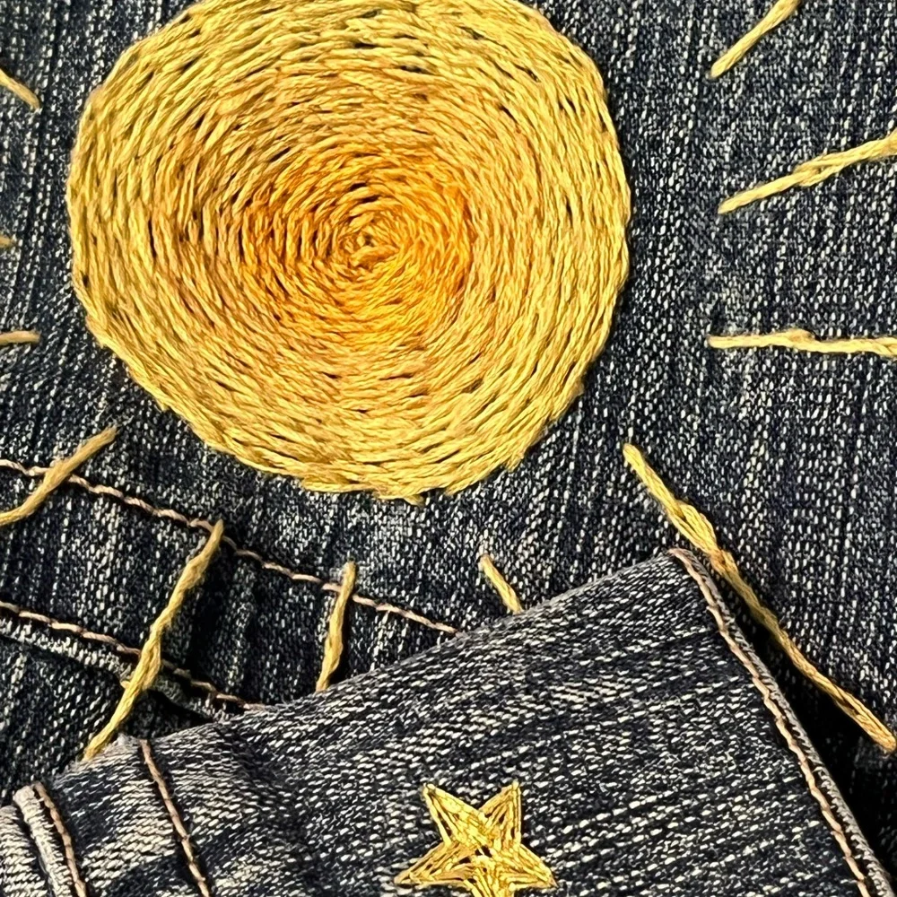 Custom Hand Embroidered Girls Denim‎ Jean Jacket w/Colorful Sun, Planets & Stars - Picture 11 of 14